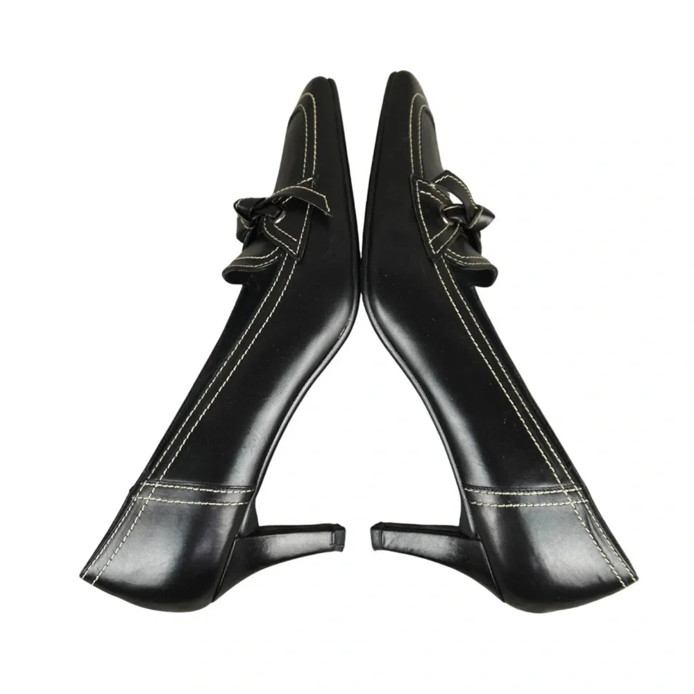 Stuart Weitzman Vtg Black Leather Square Toe Heels Size 9N Bow Tie Butler